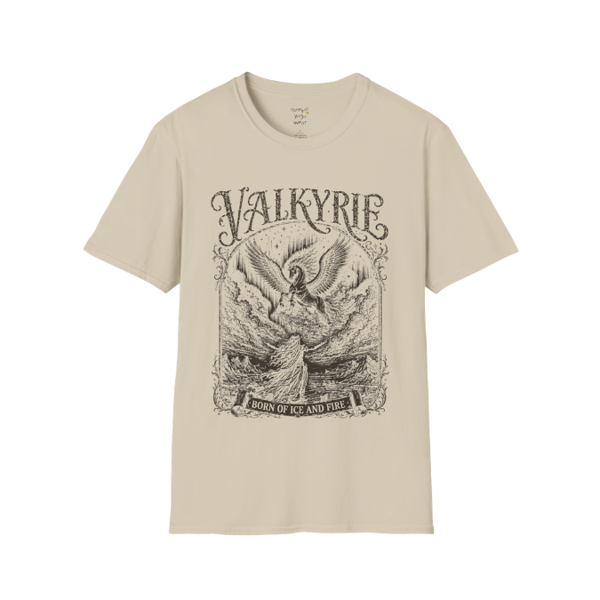 Winged Valkyrie warrior woman engraving design with ornate lettering — Sacred Thread collection by Ramro Yoga Wear — Sand