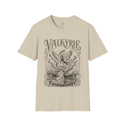 Winged Valkyrie warrior woman engraving design with ornate lettering — Sacred Thread collection by Ramro Yoga Wear — Sand