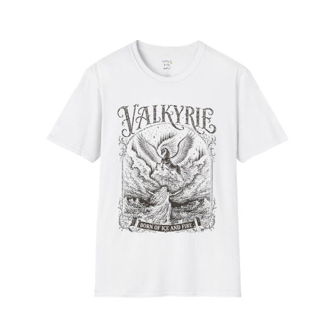 Winged Valkyrie warrior woman engraving design with ornate lettering — Sacred Thread collection by Ramro Yoga Wear — White