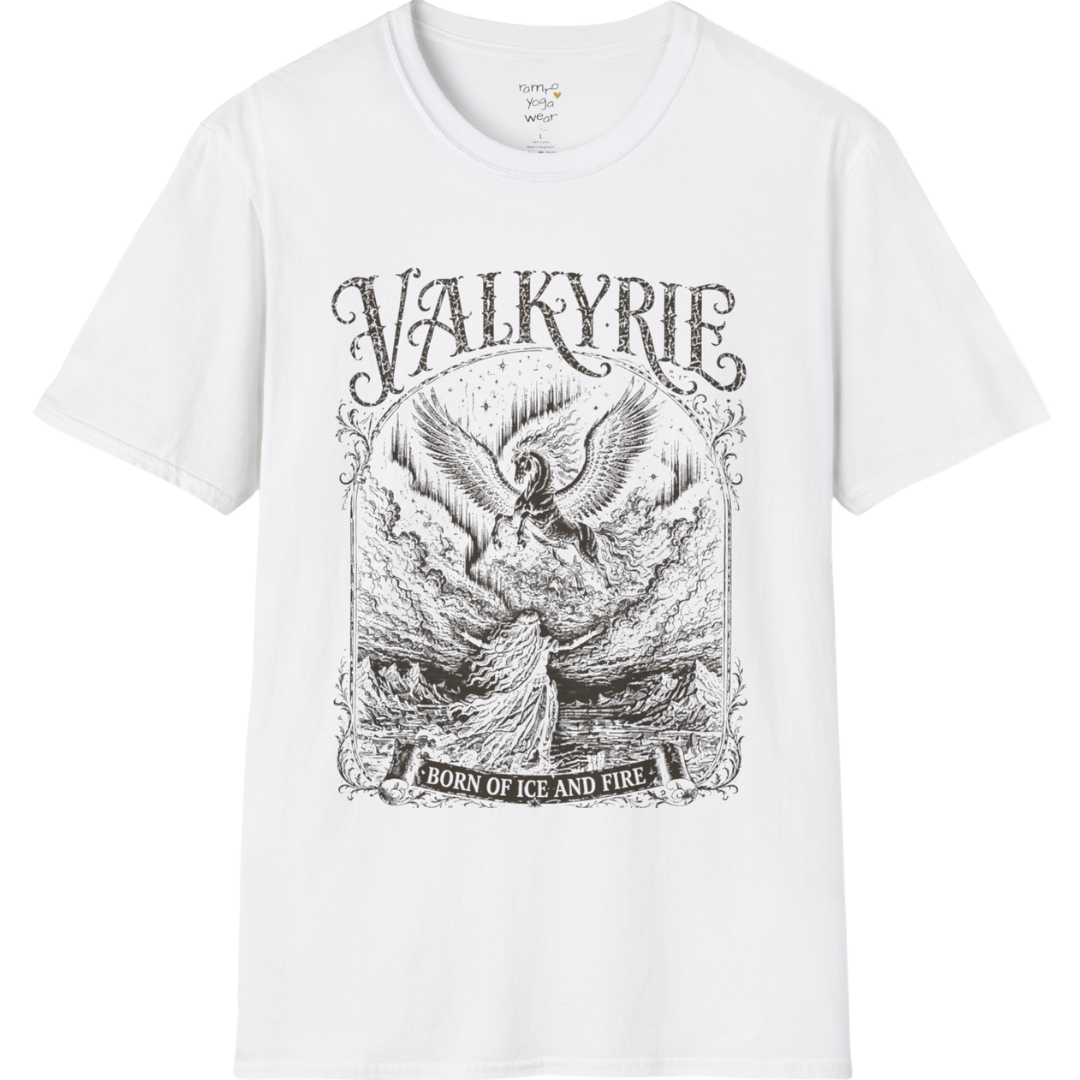 Winged Valkyrie warrior woman engraving design with ornate lettering — Sacred Thread collection by Ramro Yoga Wear — White