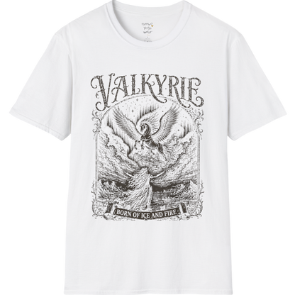 Winged Valkyrie warrior woman engraving design with ornate lettering — Sacred Thread collection by Ramro Yoga Wear — White