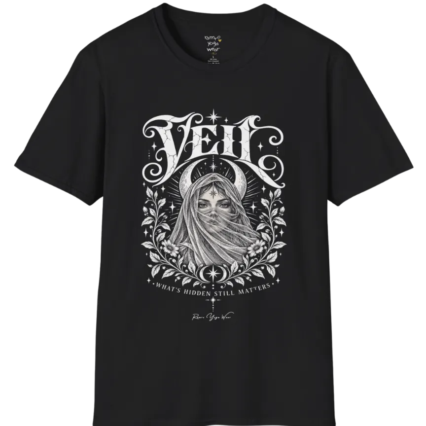 A short sleeved Tee, illustrated with a face partially obscured behind sheer draped fabric, a crescent moon behind, fine botanical framing at the base. Veil T-Shirt flat lay is a Gildan 64000 and the color is Black.