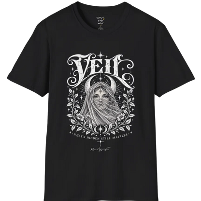 A short sleeved Tee, illustrated with a face partially obscured behind sheer draped fabric, a crescent moon behind, fine botanical framing at the base. Veil T-Shirt flat lay is a Gildan 64000 and the color is Black.