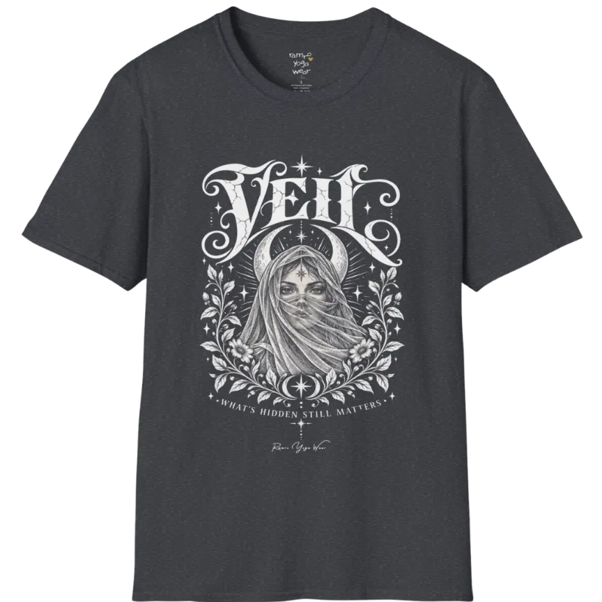 A short sleeved Tee, illustrated with a face partially obscured behind sheer draped fabric, a crescent moon behind, fine botanical framing at the base. Veil T-Shirt flat lay is a Gildan 64000 and the color is Dark Heather Grey.
