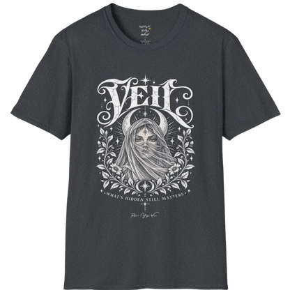 A short sleeved Tee, illustrated with a face partially obscured behind sheer draped fabric, a crescent moon behind, fine botanical framing at the base. Veil T-Shirt flat lay is a Gildan 64000 and the color is Dark Heather Grey.