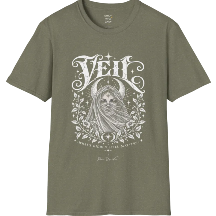 A short sleeved Tee, illustrated with a face partially obscured behind sheer draped fabric, a crescent moon behind, fine botanical framing at the base. Veil T-Shirt flat lay is a Gildan 64000 and the color is Heather Military Green.