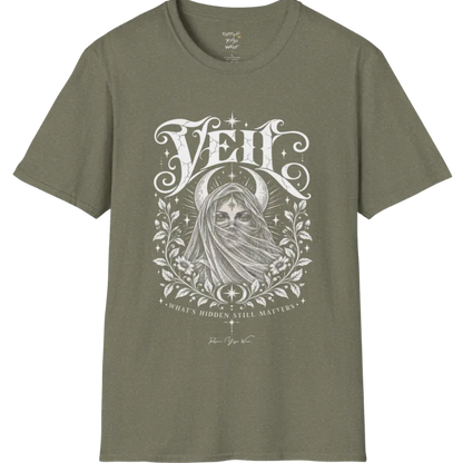 A short sleeved Tee, illustrated with a face partially obscured behind sheer draped fabric, a crescent moon behind, fine botanical framing at the base. Veil T-Shirt flat lay is a Gildan 64000 and the color is Heather Military Green.