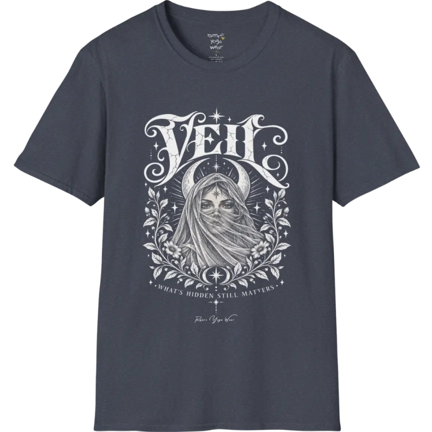 A short sleeved Tee, illustrated with a face partially obscured behind sheer draped fabric, a crescent moon behind, fine botanical framing at the base. Veil T-Shirt flat lay is a Gildan 64000 and the color is Heather Navy.