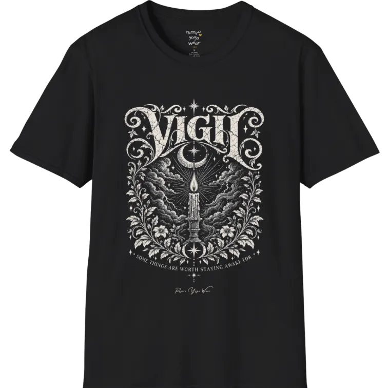 Short sleeved tee, illustration of a single candle burning steady against stormy clouds and wind lines, flame untouched, fine botanical framing at the base. Vigil T-Shirt flat lay is a Gildan 64000 and the color is Black.