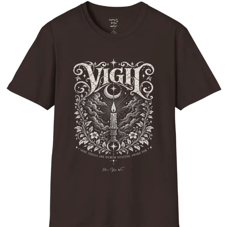Short sleeved tee, illustration of a single candle burning steady against stormy clouds and wind lines, flame untouched, fine botanical framing at the base. Vigil T-Shirt flat lay is a Gildan 64000 and the color is Dark Chocolate.