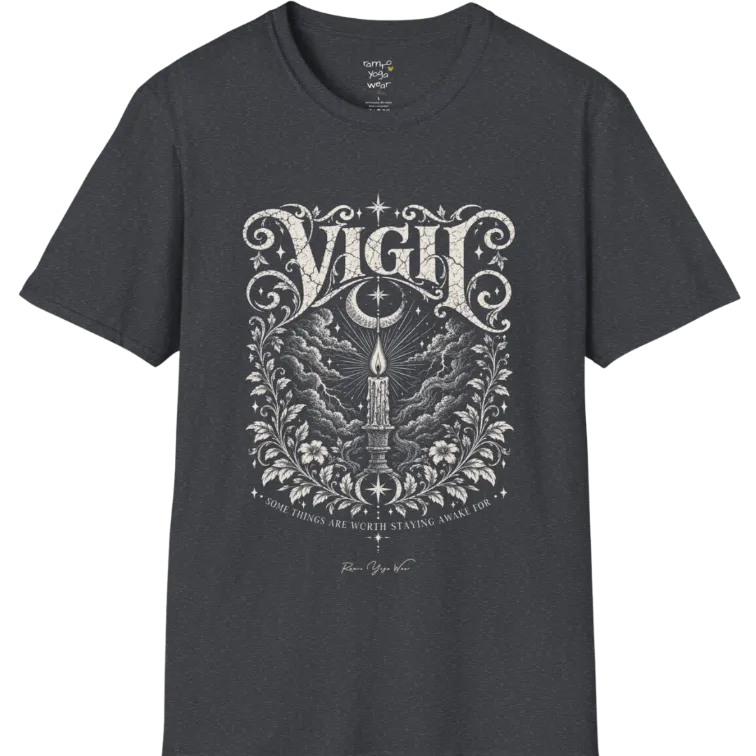 Short sleeved tee, illustration of a single candle burning steady against stormy clouds and wind lines, flame untouched, fine botanical framing at the base. Vigil T-Shirt flat lay is a Gildan 64000 and the color is Dark Heather Grey.