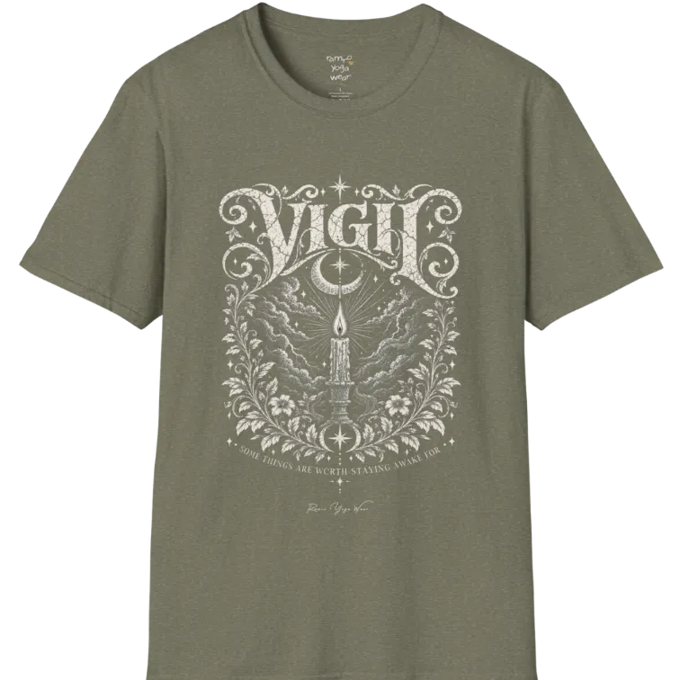 Short sleeved tee, illustration of a single candle burning steady against stormy clouds and wind lines, flame untouched, fine botanical framing at the base. Vigil T-Shirt flat lay is a Gildan 64000 and the color is Heather Military Green.