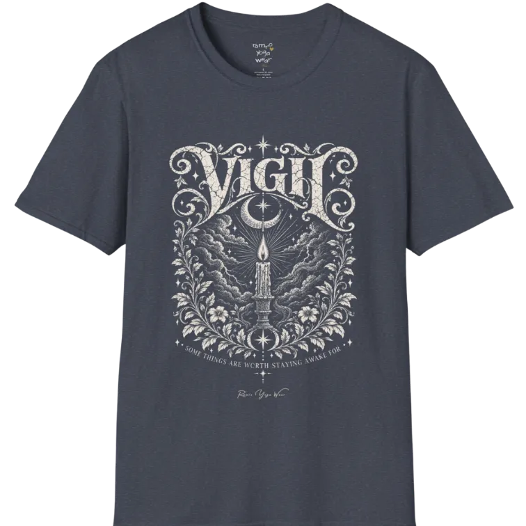 Short sleeved tee, illustration of a single candle burning steady against stormy clouds and wind lines, flame untouched, fine botanical framing at the base. Vigil T-Shirt flat lay is a Gildan 64000 and the color is Heather Navy.