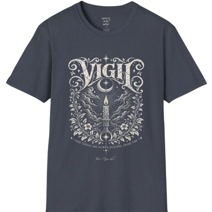 Short sleeved tee, illustration of a single candle burning steady against stormy clouds and wind lines, flame untouched, fine botanical framing at the base. Vigil T-Shirt flat lay is a Gildan 64000 and the color is Heather Navy.