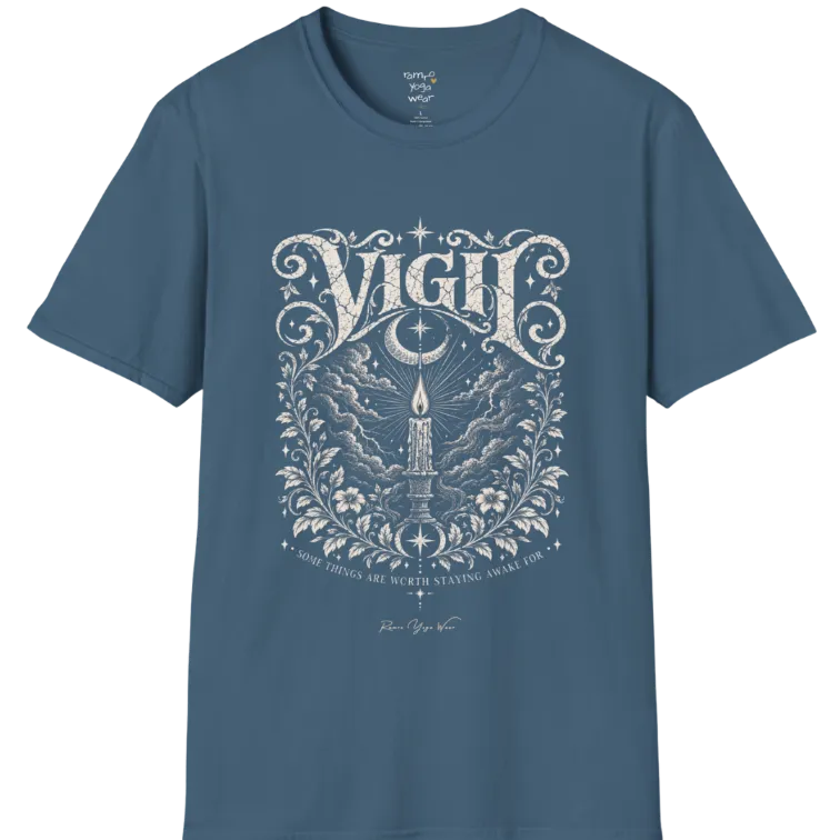 Short sleeved tee, illustration of a single candle burning steady against stormy clouds and wind lines, flame untouched, fine botanical framing at the base. Vigil T-Shirt flat lay is a Gildan 64000 and the color is Indigo Blue.