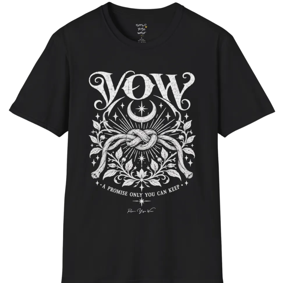 A short sleeved tee, illustrated with a single tied knot emblem and a crescent moon above, framed by fine botanical detailing. Vow T-Shirt flat lay is a Gildan 64000 and the color is Black.