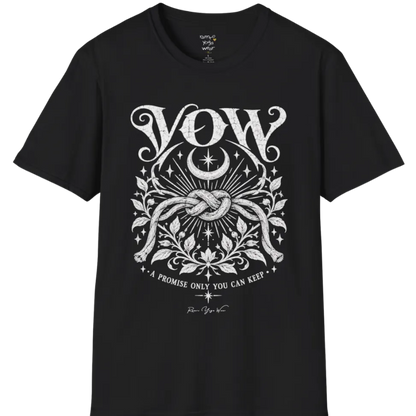A short sleeved tee, illustrated with a single tied knot emblem and a crescent moon above, framed by fine botanical detailing. Vow T-Shirt flat lay is a Gildan 64000 and the color is Black.