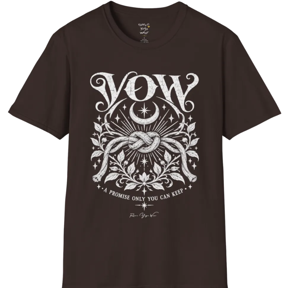 A short sleeved tee, illustrated with a single tied knot emblem and a crescent moon above, framed by fine botanical detailing. Vow T-Shirt flat lay is a Gildan 64000 and the color is Dark Chocolate.