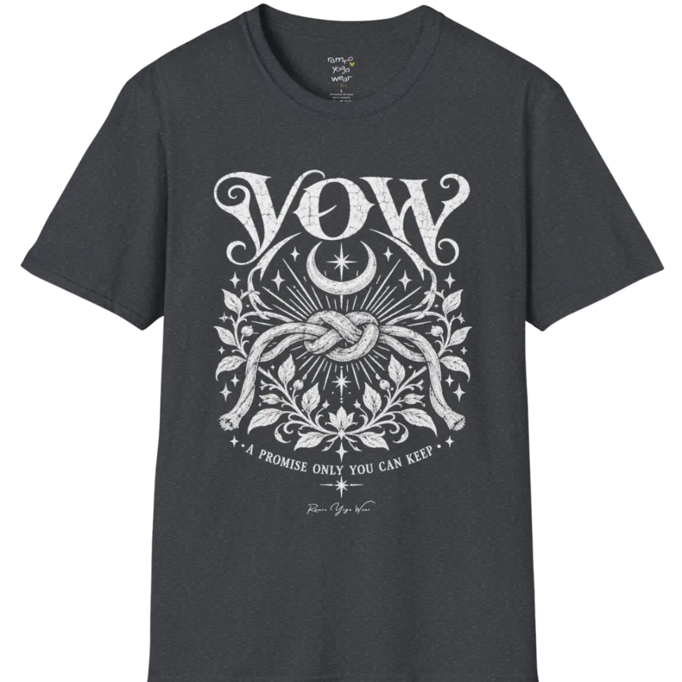 A short sleeved tee, illustrated with a single tied knot emblem and a crescent moon above, framed by fine botanical detailing. Vow T-Shirt flat lay is a Gildan 64000 and the color is Dark Heather Grey.