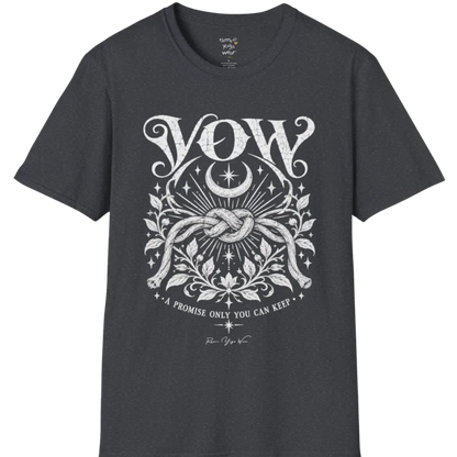 A short sleeved tee, illustrated with a single tied knot emblem and a crescent moon above, framed by fine botanical detailing. Vow T-Shirt flat lay is a Gildan 64000 and the color is Dark Heather Grey.