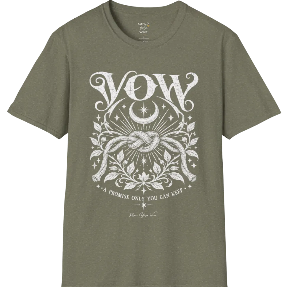 A short sleeved tee, illustrated with a single tied knot emblem and a crescent moon above, framed by fine botanical detailing. Vow T-Shirt flat lay is a Gildan 64000 and the color is Heather Military Green.