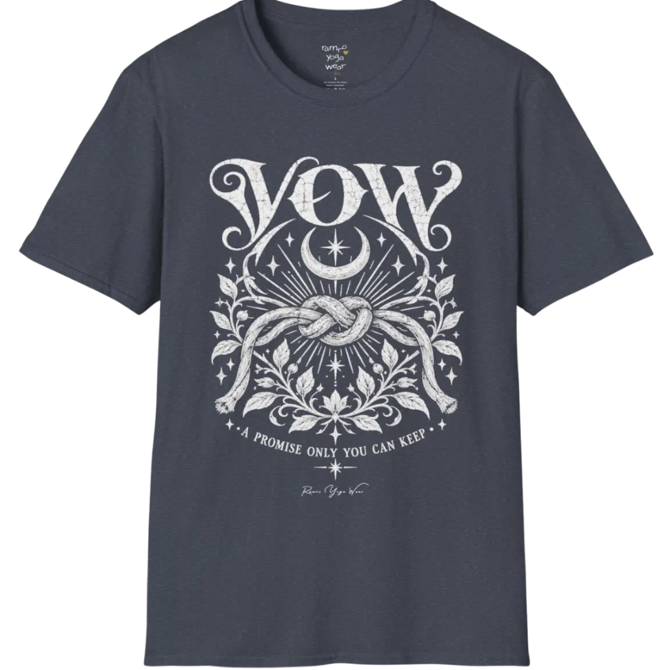 A short sleeved tee, illustrated with a single tied knot emblem and a crescent moon above, framed by fine botanical detailing. Vow T-Shirt flat lay is a Gildan 64000 and the color is Heather Navy.