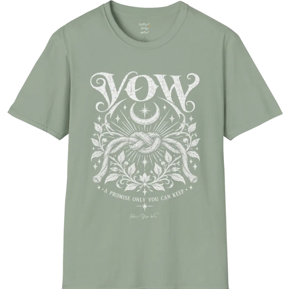 A short sleeved tee, illustrated with a single tied knot emblem and a crescent moon above, framed by fine botanical detailing. Vow T-Shirt flat lay is a Gildan 64000 and the color is Sage.