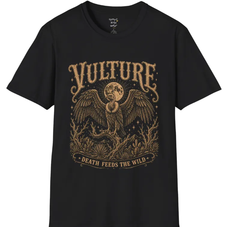 Vulture T-Shirt short sleeved flat lay — vintage engraved vulture graphic tee by Ramro Yoga Wear in Black.