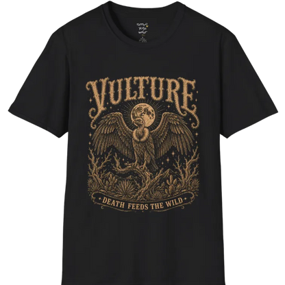 Vulture T-Shirt short sleeved flat lay — vintage engraved vulture graphic tee by Ramro Yoga Wear in Black.