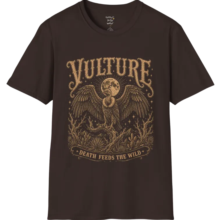 Vulture T-Shirt short sleeved flat lay — vintage engraved vulture graphic tee by Ramro Yoga Wear in Dark Chocolate.