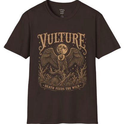 Vulture T-Shirt short sleeved flat lay — vintage engraved vulture graphic tee by Ramro Yoga Wear in Dark Chocolate.
