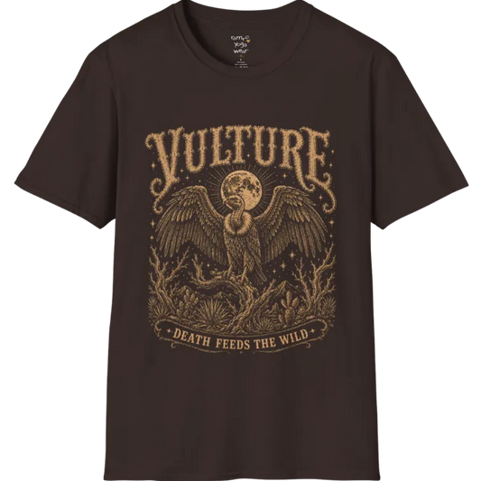 Vulture T-Shirt short sleeved flat lay — vintage engraved vulture graphic tee by Ramro Yoga Wear in Dark Chocolate.