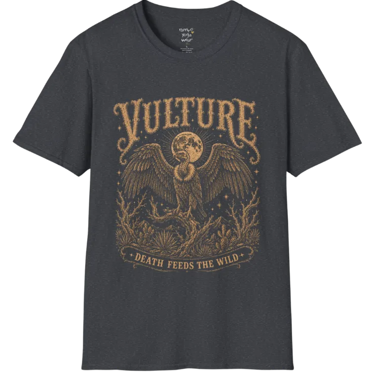 Vulture T-Shirt short sleeved flat lay — vintage engraved vulture graphic tee by Ramro Yoga Wear in Dark Heather Grey.