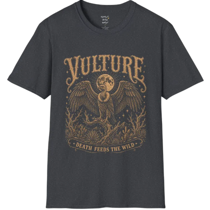 Vulture T-Shirt short sleeved flat lay — vintage engraved vulture graphic tee by Ramro Yoga Wear in Dark Heather Grey.