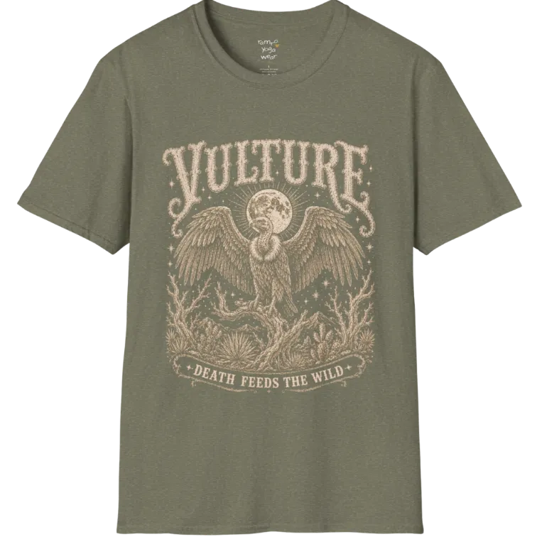 Vulture T-Shirt short sleeved flat lay — vintage engraved vulture graphic tee by Ramro Yoga Wear in Heather Military Green.