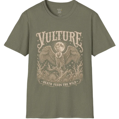 Vulture T-Shirt short sleeved flat lay — vintage engraved vulture graphic tee by Ramro Yoga Wear in Heather Military Green.