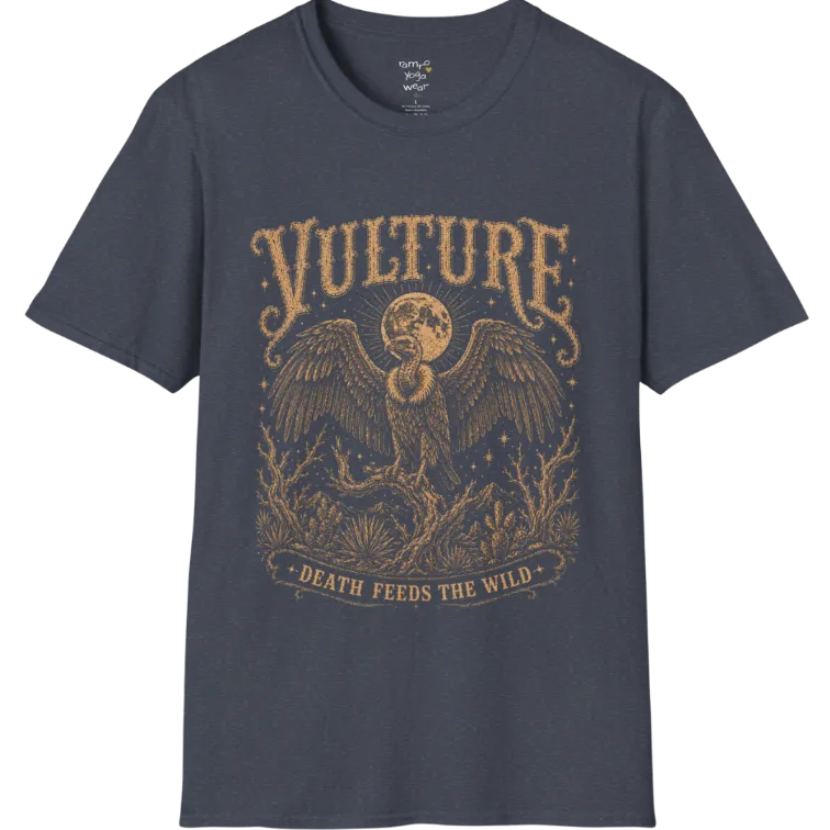 Vulture T-Shirt short sleeved flat lay — vintage engraved vulture graphic tee by Ramro Yoga Wear in Heather Navy.