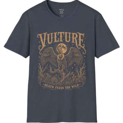 Vulture T-Shirt short sleeved flat lay — vintage engraved vulture graphic tee by Ramro Yoga Wear in Heather Navy.