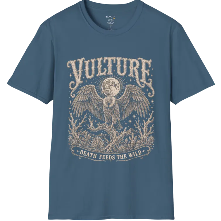 Vulture T-Shirt short sleeved flat lay — vintage engraved vulture graphic tee by Ramro Yoga Wear in Indigo Blue.