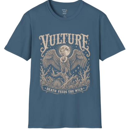 Vulture T-Shirt short sleeved flat lay — vintage engraved vulture graphic tee by Ramro Yoga Wear in Indigo Blue.