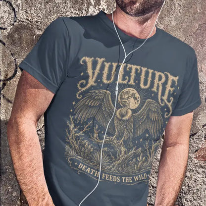 Man wearing Vulture T-Shirt outdoors with earphones in, shirt in Heather Navy.