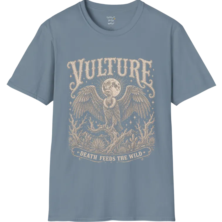Vulture T-Shirt short sleeved flat lay — vintage engraved vulture graphic tee by Ramro Yoga Wear in Stone Blue.