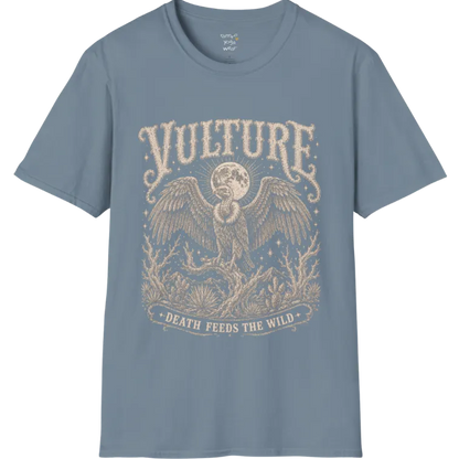 Vulture T-Shirt short sleeved flat lay — vintage engraved vulture graphic tee by Ramro Yoga Wear in Stone Blue.