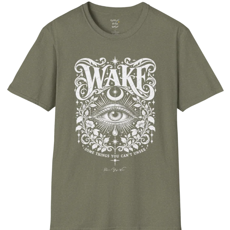 A short sleeved tee with an illustration of a single open eye amid darkness with a dewdrop caught mid-fall beneath it, faint stars scattered around, fine botanical framing at the base. Wake T-Shirt flat lay is a Gildan 64000 and the color is Heather Military Green.