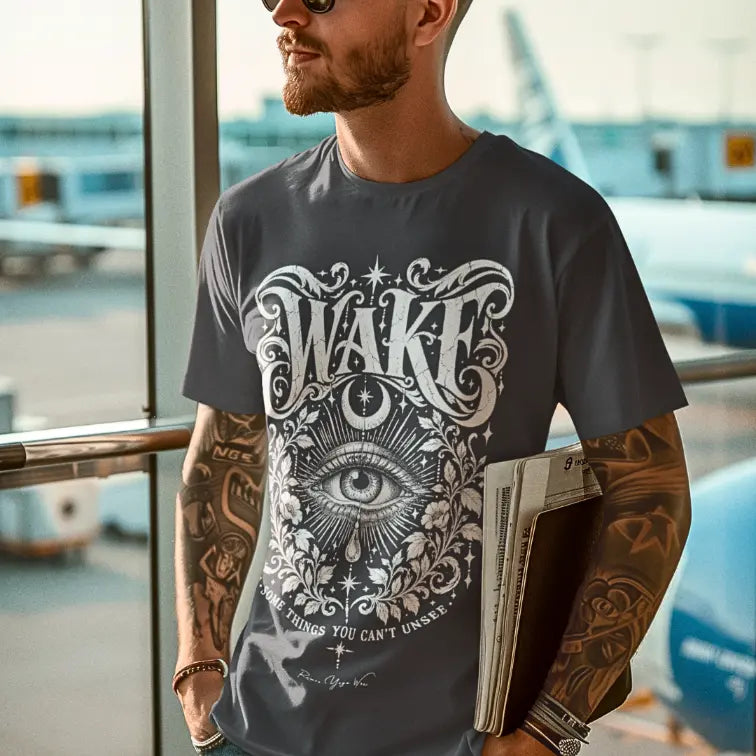 A bearded man with a tattooed arm waits for his plane holding a folder, wearing the Wake T-Shirt. Wake T-Shirt is a short sleeved Gildan 64000 and the color is Dark Heather Grey.