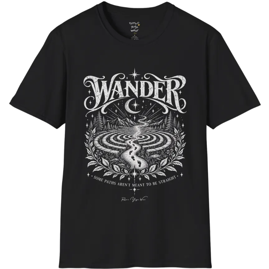 Wander T-Shirt, short sleeved, flat lay with a winding labyrinth path fading into starlit mist — vintage engraved graphic tee by Ramro Yoga Wear in Black.