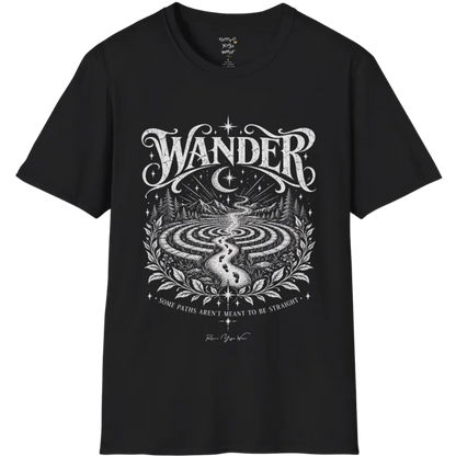 Wander T-Shirt, short sleeved, flat lay with a winding labyrinth path fading into starlit mist — vintage engraved graphic tee by Ramro Yoga Wear in Black.