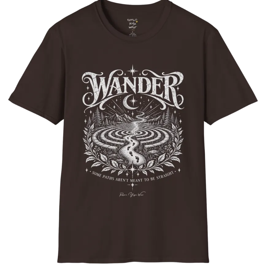 Wander T-Shirt, short sleeved, flat lay with a winding labyrinth path fading into starlit mist — vintage engraved graphic tee by Ramro Yoga Wear in Dark Chocolate.
