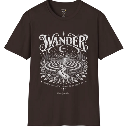 Wander T-Shirt, short sleeved, flat lay with a winding labyrinth path fading into starlit mist — vintage engraved graphic tee by Ramro Yoga Wear in Dark Chocolate.
