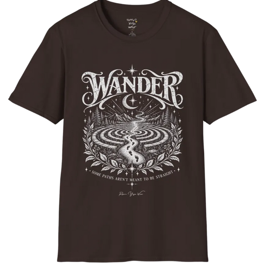 Wander T-Shirt, short sleeved, flat lay with a winding labyrinth path fading into starlit mist — vintage engraved graphic tee by Ramro Yoga Wear in Dark Chocolate.